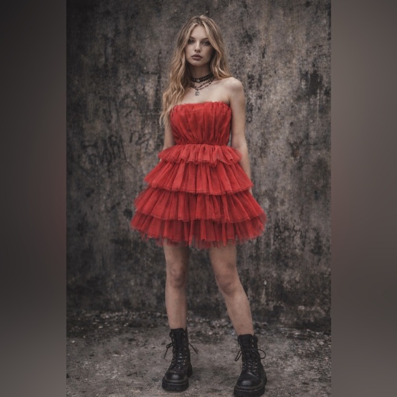 Altar'd State Dresses & Skirts - Altar'd State Strapless Red Tiered Tulle Mini Dress